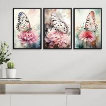 Kit 3 Quadros Borboletas E Flores Aquarela 24X18Cm - Vidro Kit 3 Quadros Borboletas E Flores Aquarela 24X18Cm - Vidro
