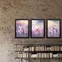 Kit 3 Quadros Borboletas Rosas Lavanda 24X18Cm - Com Vidro Kit 3 Quadros Borboletas Rosas Lavanda 24X18Cm - Com Vidro