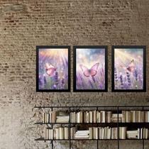 Kit 3 Quadros Borboletas Rosas Lavanda 33X24Cm - Com Vidro Kit 3 Quadros Borboletas Rosas Lavanda 33X24Cm - Com Vidro