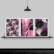Kit 3 Quadros Buda Rosa Flores 24X18Cm Moldura Preta Kit 3 Quadros Buda Rosa Flores 24X18Cm Moldura Preta