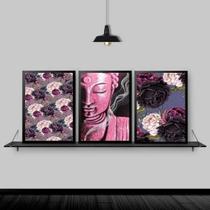 Kit 3 Quadros Buda Rosa Flores 24X18Cm Moldura Preta Kit 3 Quadros Buda Rosa Flores 24X18Cm Moldura Preta