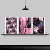 Kit 3 Quadros Buda Rosa Flores 33x24cm - com vidro