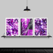 Kit 3 Quadros Buda Zen Folhas Roxas 24X18Cm Moldura Preta