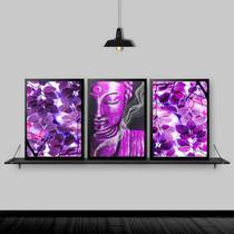 Kit 3 Quadros Buda Zen Folhas Roxas 24x18cm