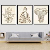 Kit 3 Quadros Buda Zen, Hamsa, Elefante 24X18Cm