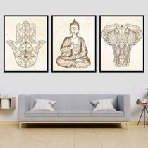 Kit 3 Quadros Buda Zen, Hamsa, Elefante 33X24 Moldura Preta