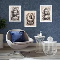 Kit 3 Quadros Budas Cinza E Branco 24X18Cm Kit 3 Quadros Budas Cinza E Branco 24X18Cm