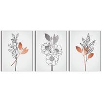 Kit 3 Quadros c/ Moldura Folhas e Flores Estilo Nanquim