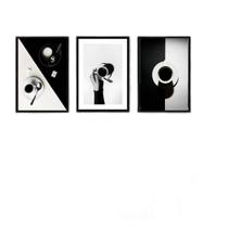 Kit 3 Quadros Café P&B 45x34cm - Moldura Madeira Preta