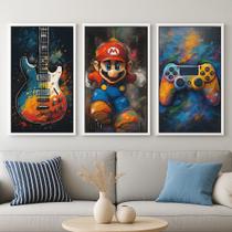 Kit 3 Quadros Canvas Quarto Menino Rock e Gamer-Mold.Branca Tamanho:40x30cm Kit 3 Quadros Canvas Quarto Menino Rock e Gamer-Mold.Branca Tamanho:40x30cm