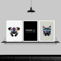 Kit 3 Quadros Cão E Gato Música 45X34Cm Com Vidro - Branca