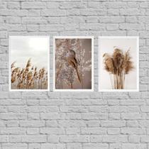 Kit 3 Quadros Capim Dos Pampas E Passarinho 45x34cm