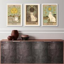 Kit 3 Quadros Cartas Tarot Gatos- The Sun, The Moon, The Star 24x18cm