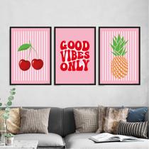 Kit 3 Quadros Cereja Abacaxi Good Vibes 33x24cm - com vidro