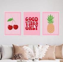 Kit 3 Quadros Cereja Abacaxi Good Vibes 45X34Cm Vidro Branca Kit 3 Quadros Cereja Abacaxi Good Vibes 45X34Cm Vidro Branca