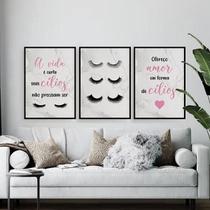 Kit 3 Quadros Cílios Em Forma De Amor 45X34Cm Madeira Branca