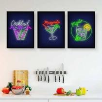 Kit 3 Quadros Cocktail Bar 33X24Cm Com Vidro - Madeira Preta