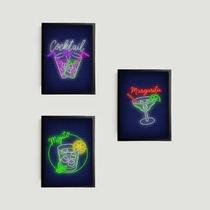 Kit 3 Quadros Cocktail Bar 45X34Cm - Com Vidro Moldura Preta