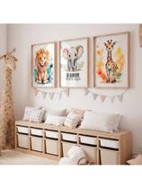 Kit 3 Quadros Com Leão Elefante e Girafa Infantil Decoração Infantil Bebê Aquarela