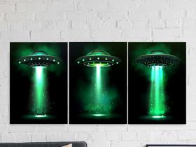 Kit 3 Quadros com Moldura Tamanho A3 Abdução Nave Alienígena ETs Ufologia Astronomia