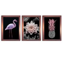 Kit 3 Quadros Com Molduras Rose Flamingo Abacaxi