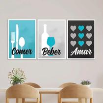 Kit 3 Quadros Comer Beber Amar 33x24cm - com vidro