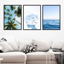 Kit 3 Quadros Coqueiros, Mulher e Mar 33x24cm - com vidro