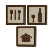 Kit 3 Quadros Cozinha 21Cm Talher,Vinho,Panela: Marrom Bege