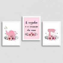 Kit 3 Quadros Cozinha Coração Da Casa Rosa 33x24cm - com vidro