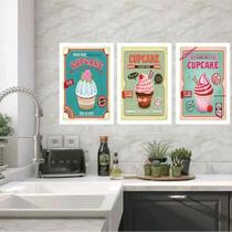 Kit 3 Quadros Cozinha - Cupcakes 24X18Cm