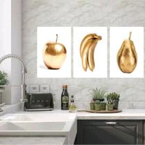 Kit 3 Quadros Cozinha Frutas Ouro 24X18Cm