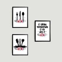 Kit 3 Quadros Cozinha Temperada com Amor 24x18cm - com vidro
