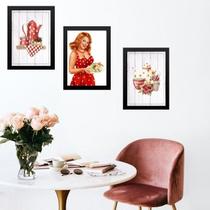 Kit 3 Quadros Cozinha Vermelha Pin Up Poá 45X34Cm - Vidro