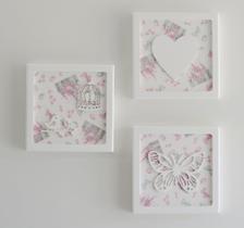 Kit 3 Quadros Decoração Parede Quarto Menina Infantil Bebê Borboleta Rosa Jardim