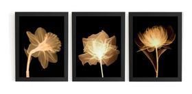 Kit 3 Quadros Decoração Sala Flores Douradas Boa Sorte