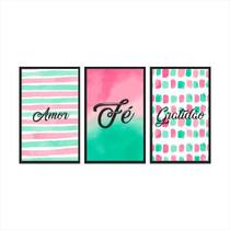 Kit 3 Quadros Decorativo Amor Fé Gratidão Sala Quarto