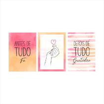 Kit 3 Quadros Decorativo Fé Amor Gratidão Sala Quarto