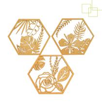 Kit 3 Quadros Decorativo Tropical Floral Flores e Folhas Vazado em MDF