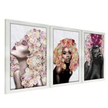 Kit 3 Quadros Decorativos 20x30 Mulheres Rosto Flores Rosas