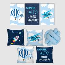 Kit 3 Quadros Decorativos 4 Capas de Almofadas e Almofada de Nó Azul Bebê dy1706 Capas com Zíper Galaxia com foguete
