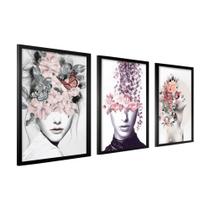 Kit 3 Quadros Decorativos 40X60 Moldura Mulheres Flores Na Cabeça Salão Quarto Feminino Sala