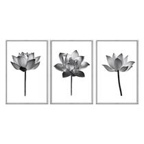 Kit 3 quadros decorativos 40x60cm canvas flor de lotus preto e branco minimalista flnt005