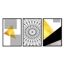 Kit 3 quadros decorativos 40x60cm canvas moderno abstrato geometrico dourado e preto abg019