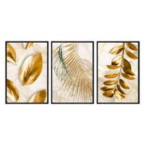 Kit 3 quadros decorativos 40x60cm canvas natureza dourada folhas ouro flnt051