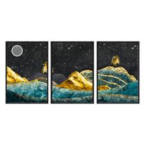 Kit 3 quadros decorativos 40x60cm vidro abstrato formas e montanhas turquesa e dourado art022