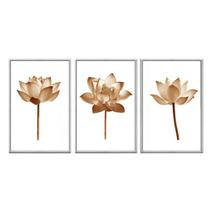 Kit 3 quadros decorativos 60x80cm vidro flor de lotus bronze minimalista flnt002