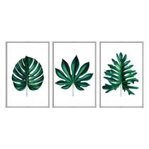 Kit 3 quadros decorativos 60x80cm vidro folhas tropicais verde escuro flnt007