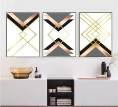 Kit 3 Quadros Decorativos Abstrato Dourado Linhas