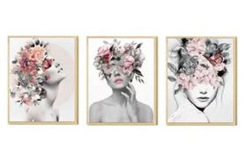Kit 3 Quadros Decorativos Abstrato para Sala Mulher Surreal Floral - Hugart Decorações