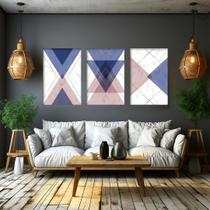 Kit 3 Quadros Decorativos Abstratos Geométricos Tons De Azul - Pronta Entrega